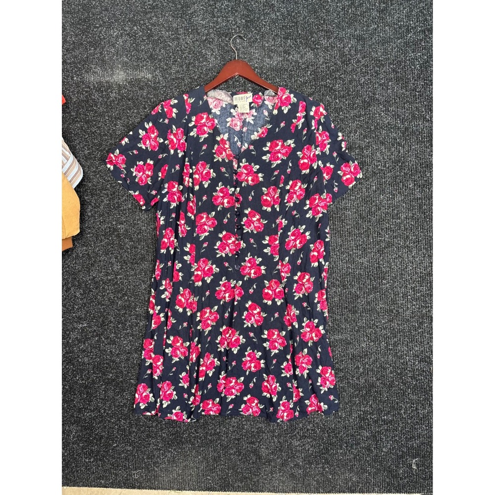 More Jazz Vintage 90s Floral Rose Button Front Rayon Mini Dress Navy Size 18